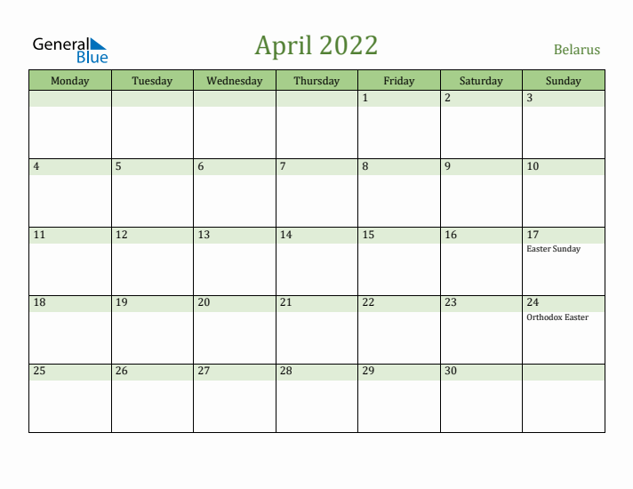 April 2022 Calendar with Belarus Holidays