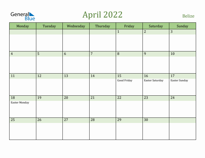 April 2022 Calendar with Belize Holidays