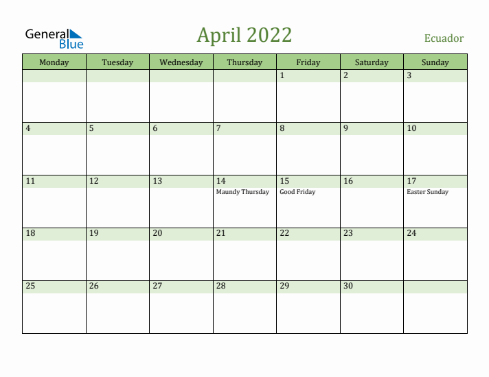 April 2022 Calendar with Ecuador Holidays