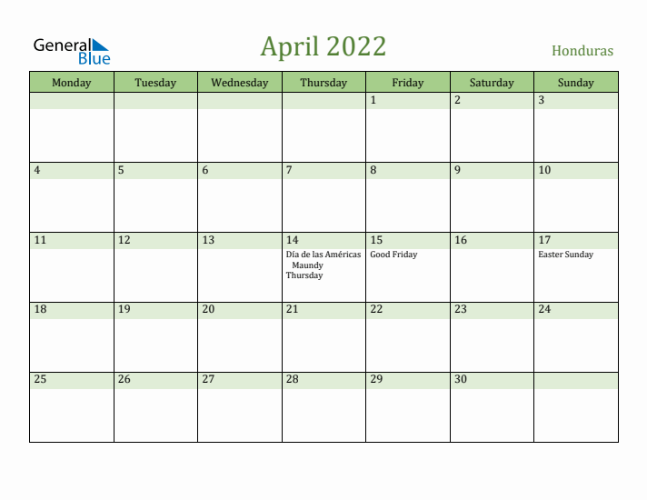 April 2022 Calendar with Honduras Holidays