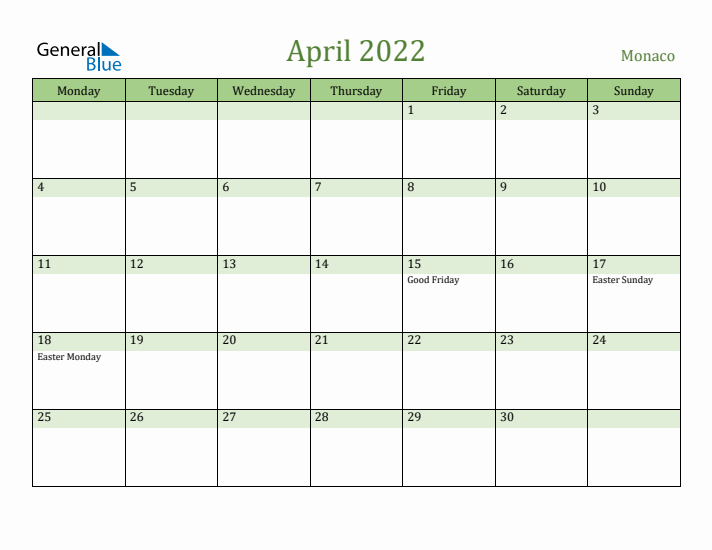 April 2022 Calendar with Monaco Holidays