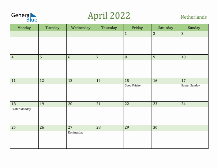 April 2022 Calendar with The Netherlands Holidays