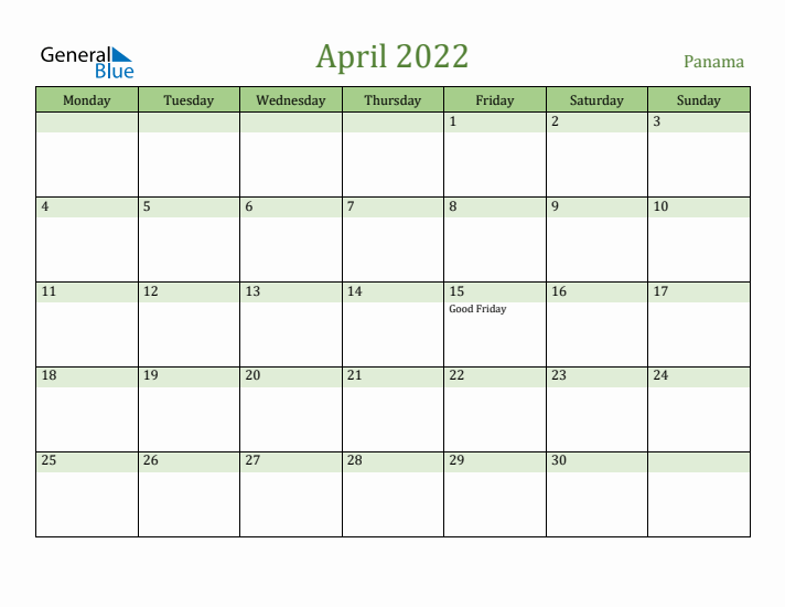 April 2022 Calendar with Panama Holidays