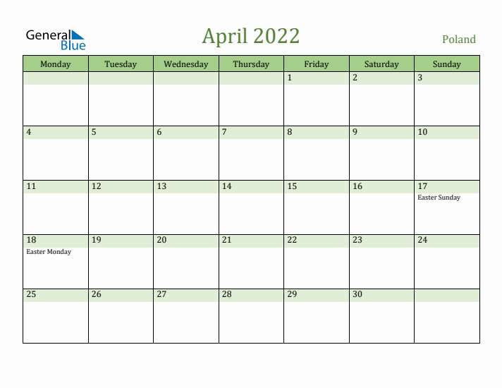 April 2022 Calendar with Poland Holidays