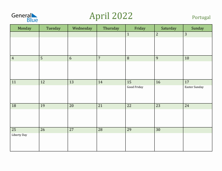 April 2022 Calendar with Portugal Holidays