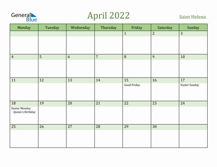 April 2022 Calendar with Saint Helena Holidays