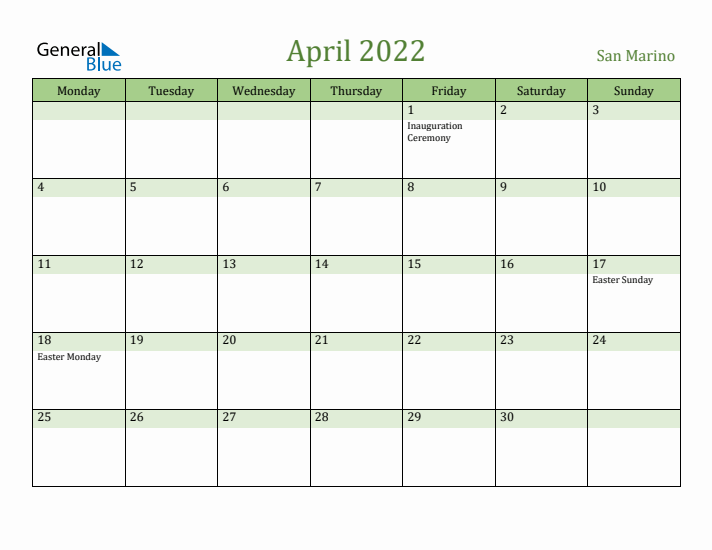 April 2022 Calendar with San Marino Holidays