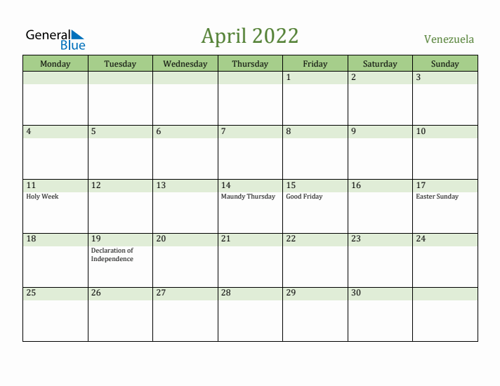 April 2022 Calendar with Venezuela Holidays