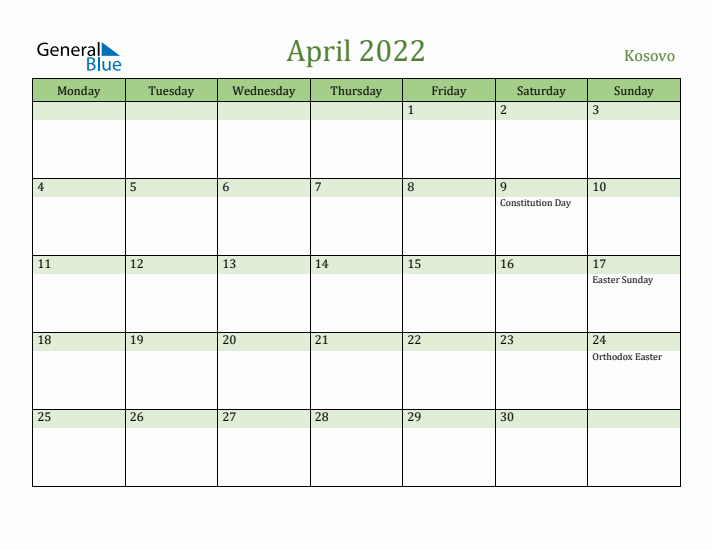 April 2022 Calendar with Kosovo Holidays