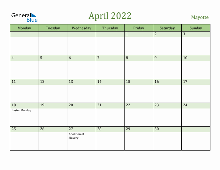 April 2022 Calendar with Mayotte Holidays