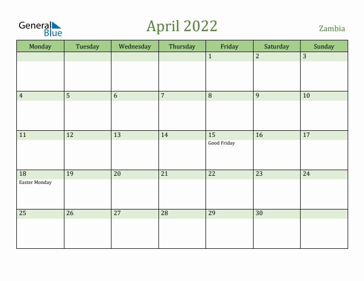 April 2022 Calendar with Zambia Holidays