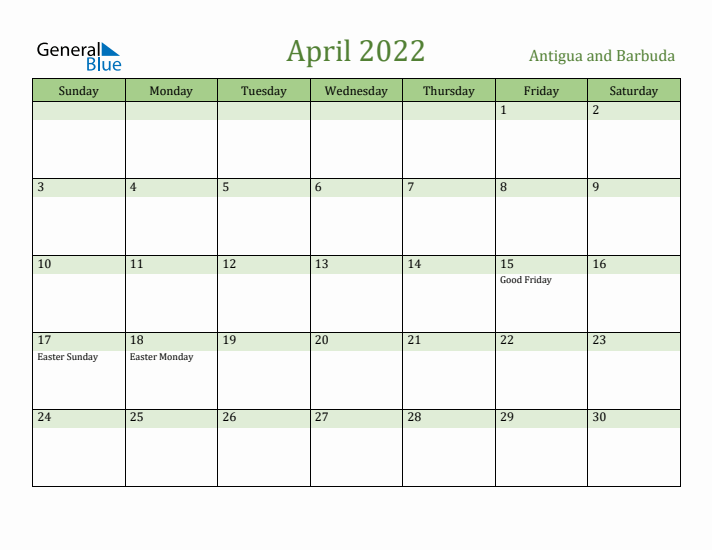 April 2022 Calendar with Antigua and Barbuda Holidays