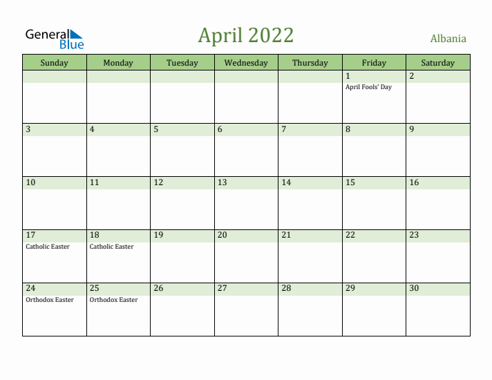 April 2022 Calendar with Albania Holidays