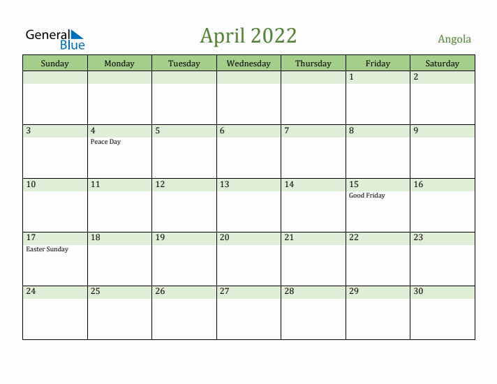 April 2022 Calendar with Angola Holidays