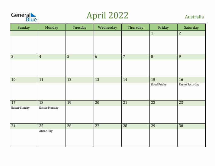 April 2022 Calendar with Australia Holidays