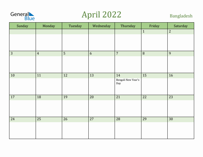 April 2022 Calendar with Bangladesh Holidays