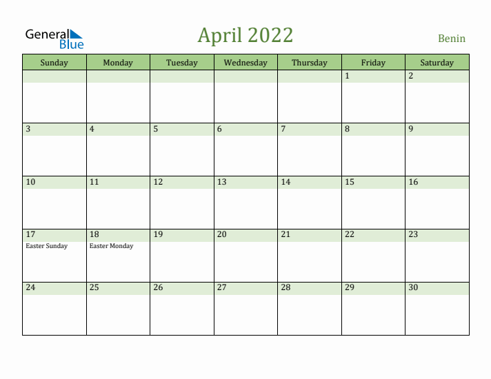 April 2022 Calendar with Benin Holidays