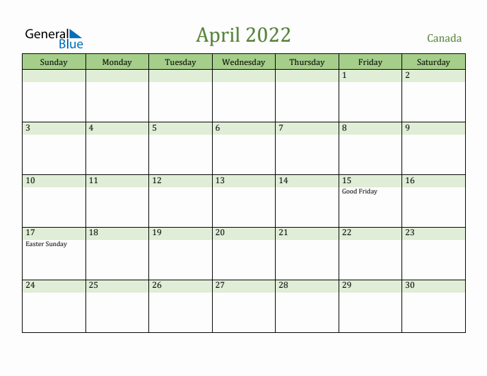 April 2022 Calendar with Canada Holidays