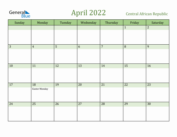 April 2022 Calendar with Central African Republic Holidays