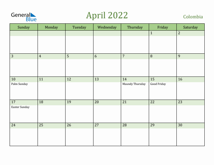 April 2022 Calendar with Colombia Holidays