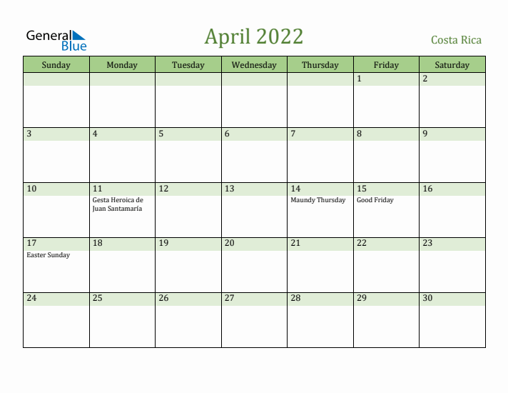 April 2022 Calendar with Costa Rica Holidays