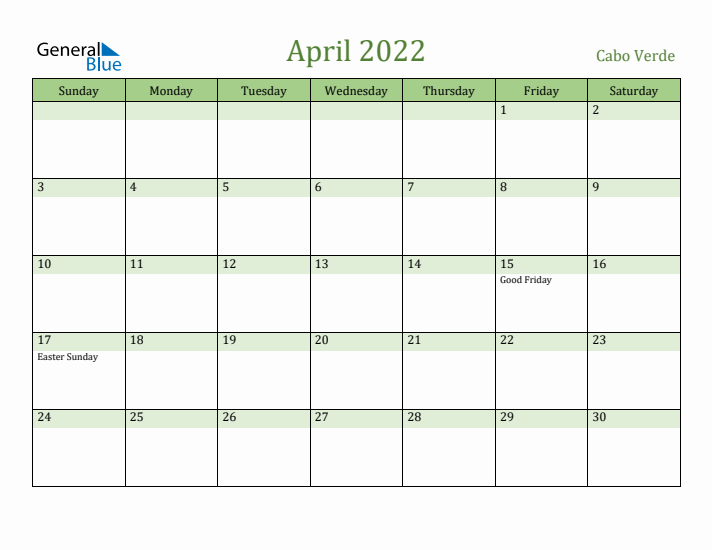 April 2022 Calendar with Cabo Verde Holidays