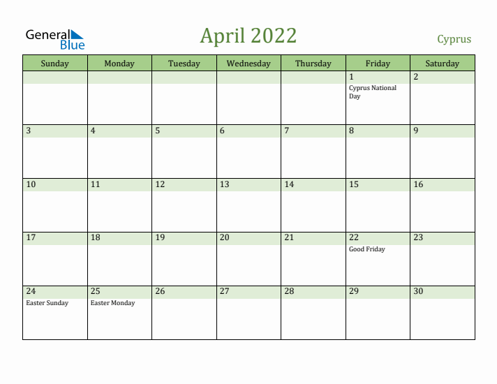 April 2022 Calendar with Cyprus Holidays