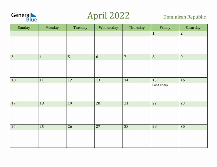 April 2022 Calendar with Dominican Republic Holidays