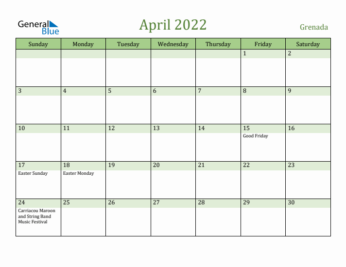 April 2022 Calendar with Grenada Holidays