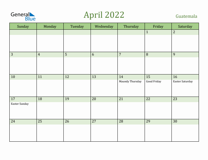 April 2022 Calendar with Guatemala Holidays