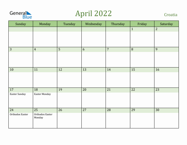 April 2022 Calendar with Croatia Holidays