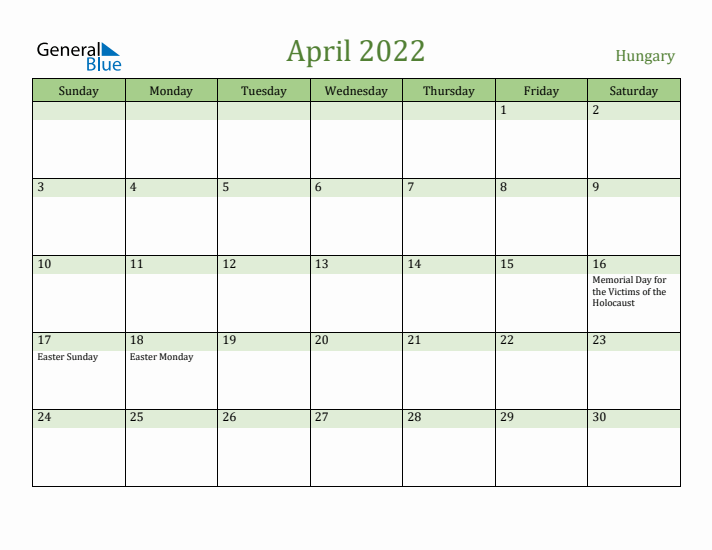 April 2022 Calendar with Hungary Holidays