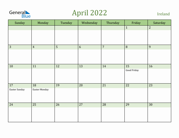 April 2022 Calendar with Ireland Holidays