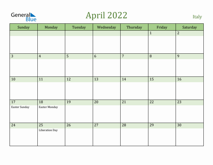 April 2022 Calendar with Italy Holidays