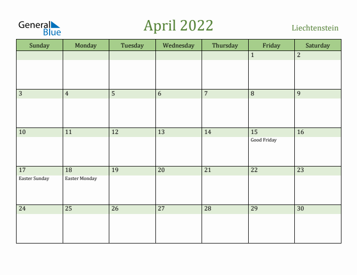 April 2022 Calendar with Liechtenstein Holidays