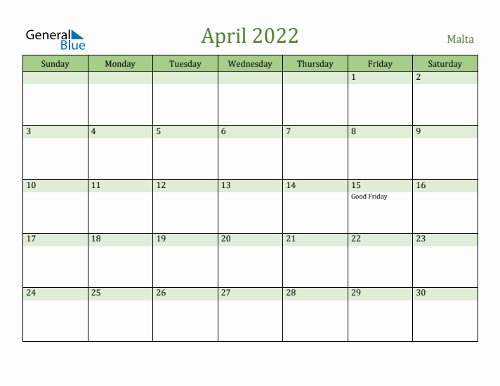 April 2022 Calendar with Malta Holidays