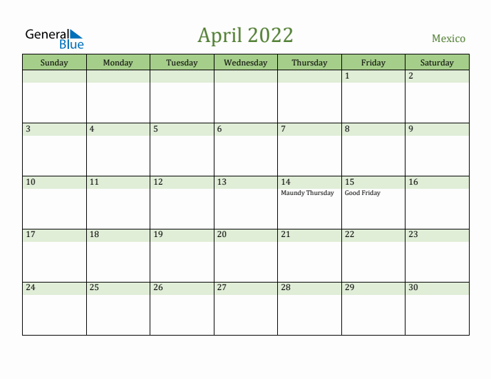 April 2022 Calendar with Mexico Holidays