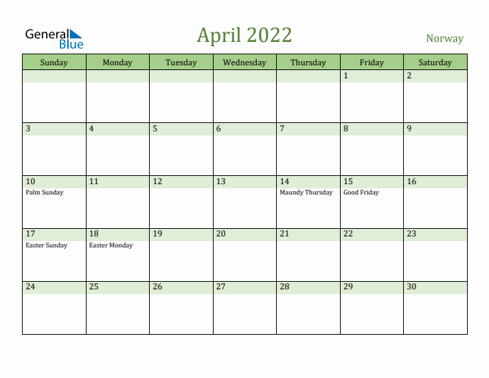 April 2022 Calendar with Norway Holidays