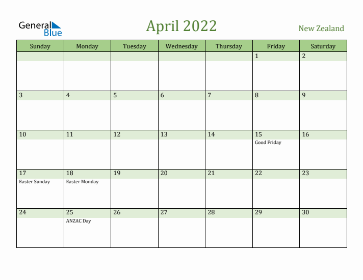 April 2022 Calendar with New Zealand Holidays