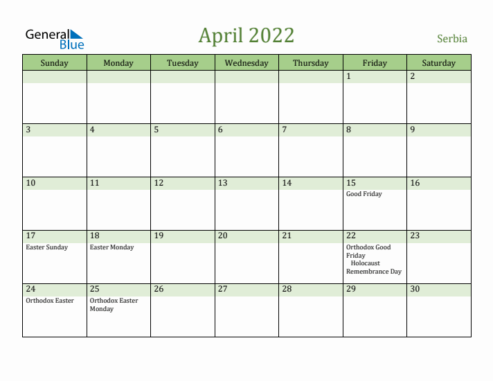 April 2022 Calendar with Serbia Holidays