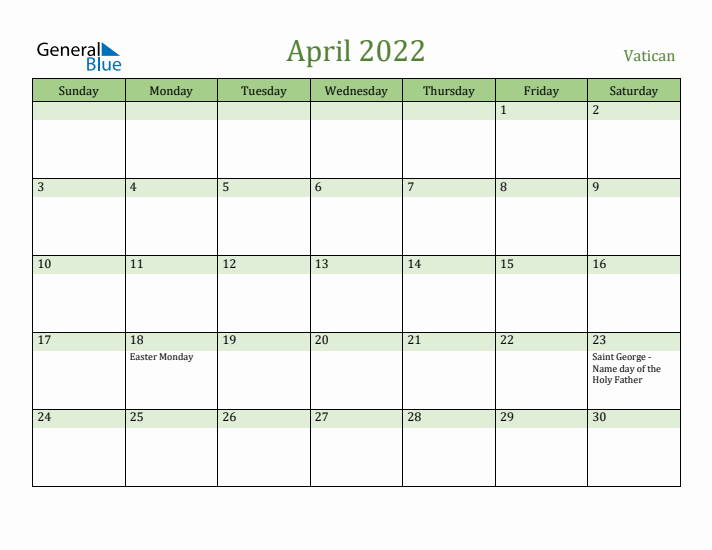 April 2022 Calendar with Vatican Holidays