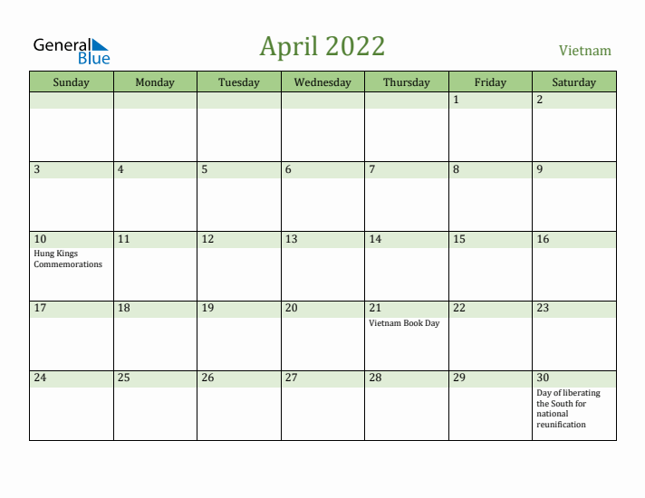 April 2022 Calendar with Vietnam Holidays