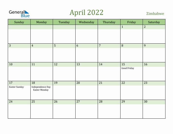 April 2022 Calendar with Zimbabwe Holidays