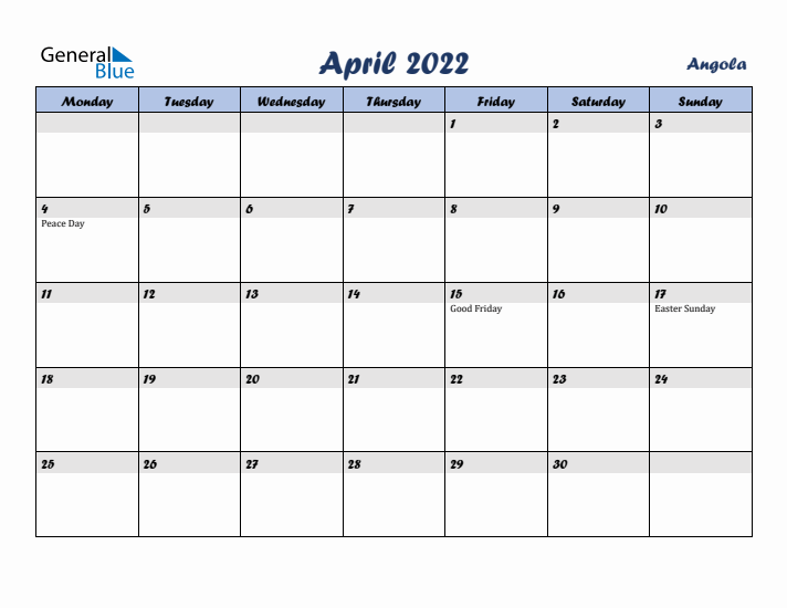 April 2022 Calendar with Holidays in Angola