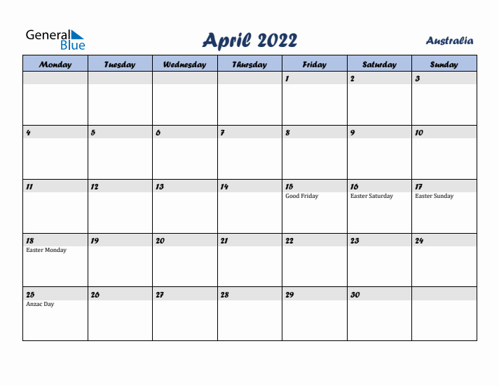 April 2022 Calendar with Holidays in Australia