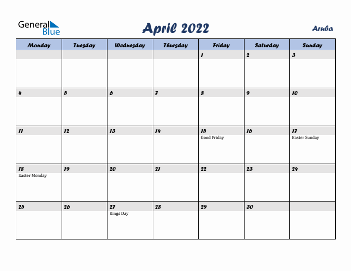 April 2022 Calendar with Holidays in Aruba