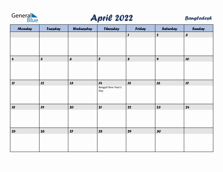 April 2022 Calendar with Holidays in Bangladesh