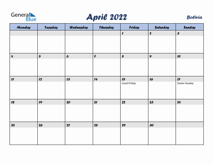 April 2022 Calendar with Holidays in Bolivia