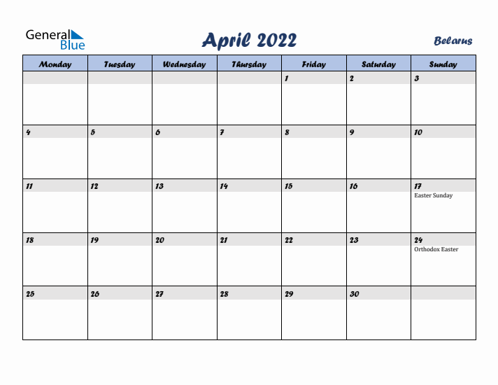 April 2022 Calendar with Holidays in Belarus