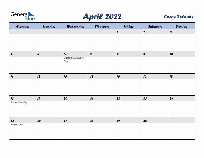 April 2022 Calendar with Holidays in Cocos Islands